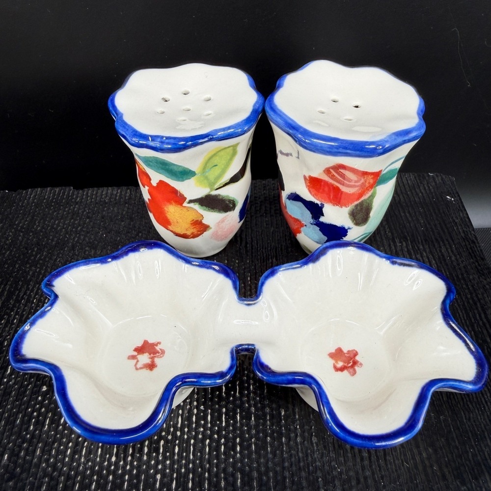Anthropologie Luna Floral Ceramic Salt and Pepper Shaker Set with Tray New w Tag - Picture 8 of 11